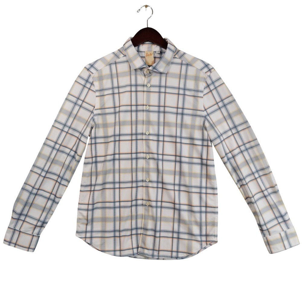 Buki Button Down Shirt Mens Medium White Blue Yellow Orange Plaid Long Sleeve